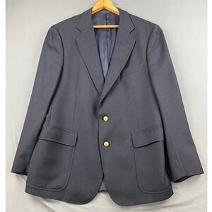 English Manor Blazer Mens 43 L Navy Blue Good 100% Wool Gold Button Sport Coat